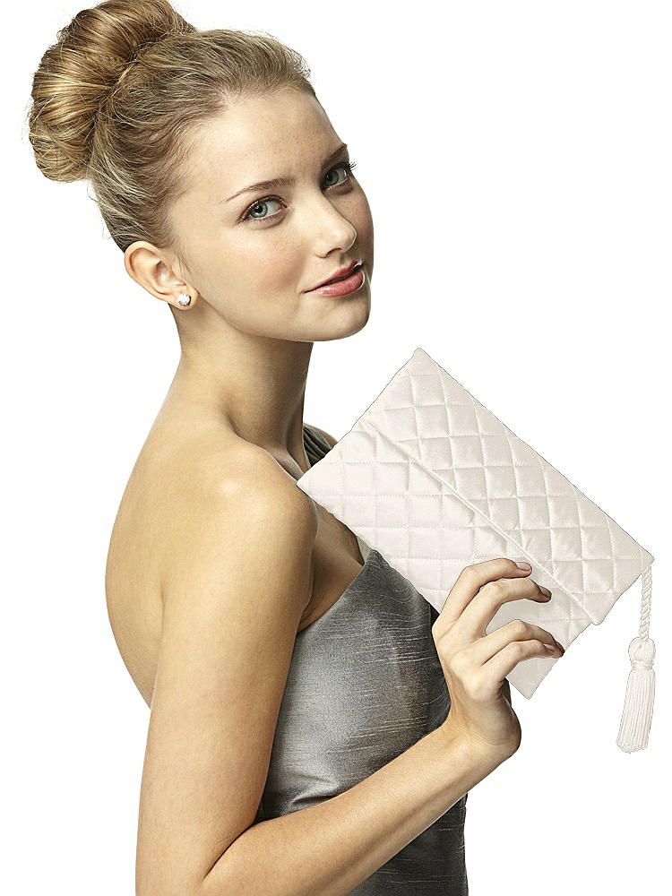 Back View - Ivory Quilted Envelope Clutch with Tassel Detail