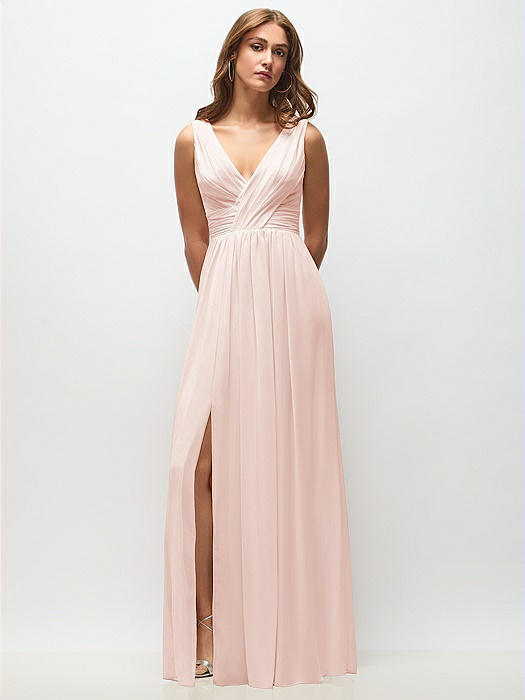 Sleeveless Draped Chiffon Maxi Dress with Front Slit