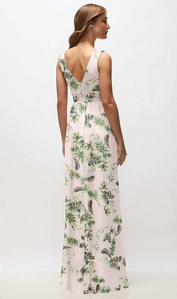 Back View - Palm Beach Print Sleeveless Draped Chiffon Maxi Dress with Front Slit