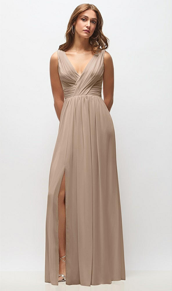 Front View - Topaz Sleeveless Draped Chiffon Maxi Dress with Front Slit