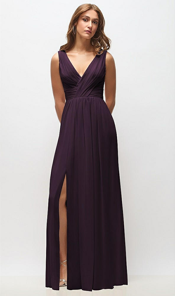 Front View - Aubergine Sleeveless Draped Chiffon Maxi Dress with Front Slit