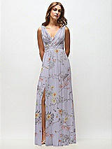 Front View Thumbnail - Butterfly Botanica Silver Dove Sleeveless Draped Chiffon Maxi Dress with Front Slit
