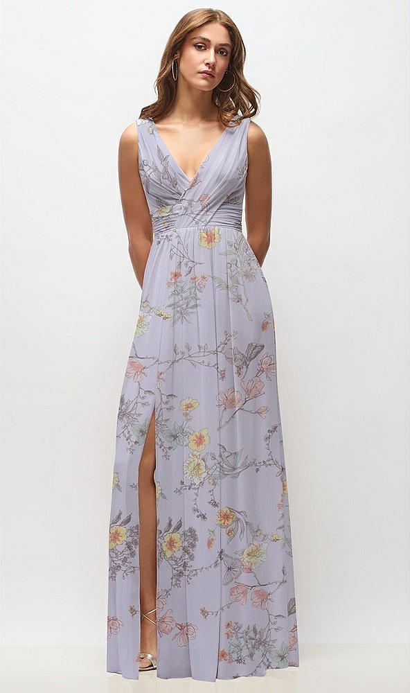 Front View - Butterfly Botanica Silver Dove Sleeveless Draped Chiffon Maxi Dress with Front Slit