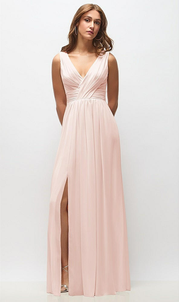 Front View - Blush Sleeveless Draped Chiffon Maxi Dress with Front Slit