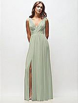 Front View Thumbnail - Celadon Sleeveless Draped Chiffon Maxi Dress with Front Slit
