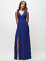 Front View Thumbnail - Cobalt Blue Sleeveless Draped Chiffon Maxi Dress with Front Slit