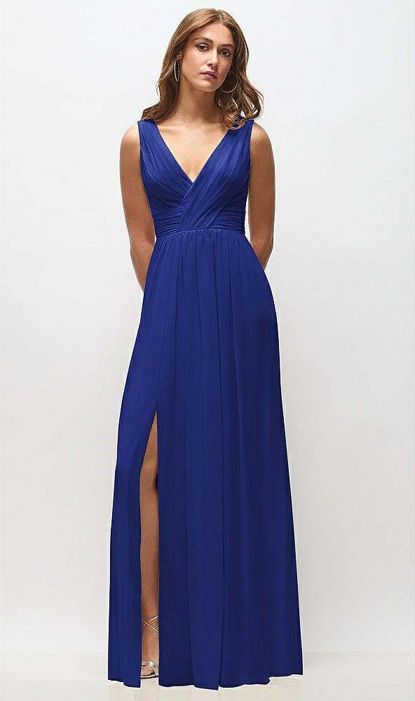 Front View - Cobalt Blue Sleeveless Draped Chiffon Maxi Dress with Front Slit