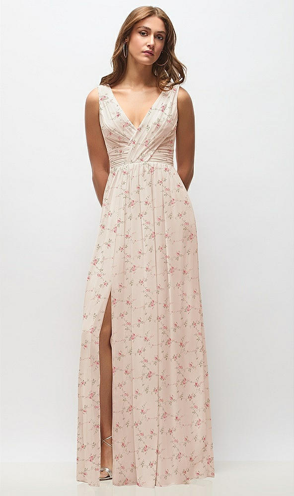 Front View - Coquette Floral Print Sleeveless Draped Chiffon Maxi Dress with Front Slit