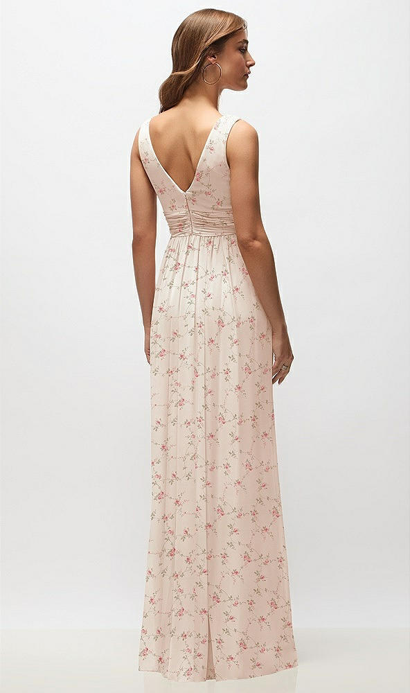 Back View - Coquette Floral Print Sleeveless Draped Chiffon Maxi Dress with Front Slit