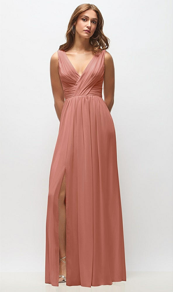 Front View - Desert Rose Sleeveless Draped Chiffon Maxi Dress with Front Slit