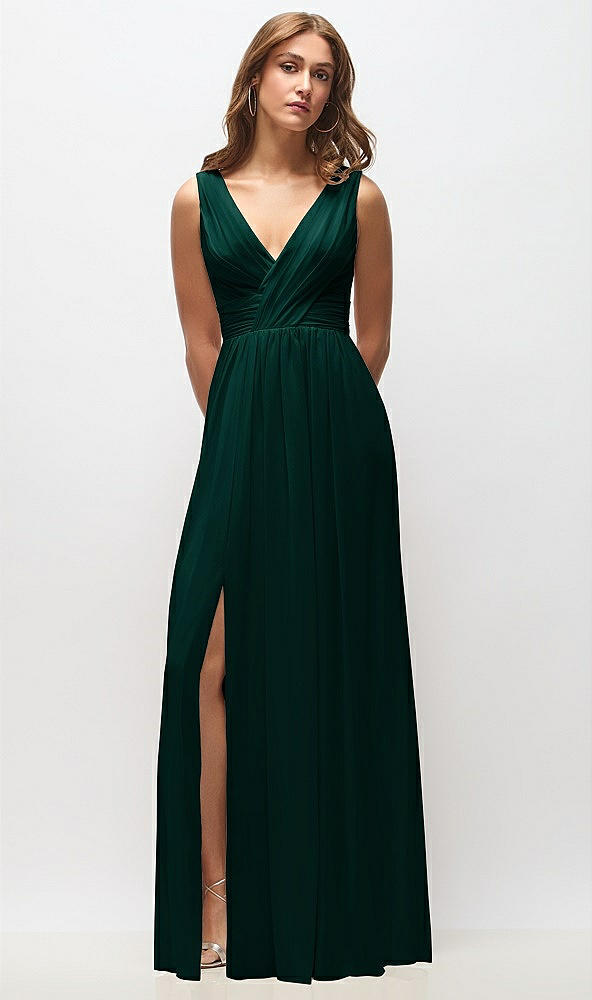 Front View - Evergreen Sleeveless Draped Chiffon Maxi Dress with Front Slit
