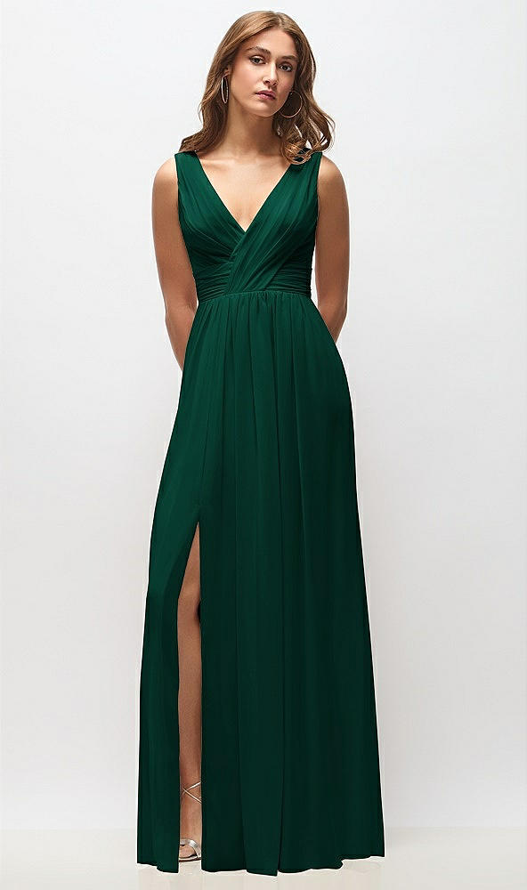 Front View - Hunter Green Sleeveless Draped Chiffon Maxi Dress with Front Slit