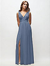 Front View Thumbnail - Larkspur Blue Sleeveless Draped Chiffon Maxi Dress with Front Slit