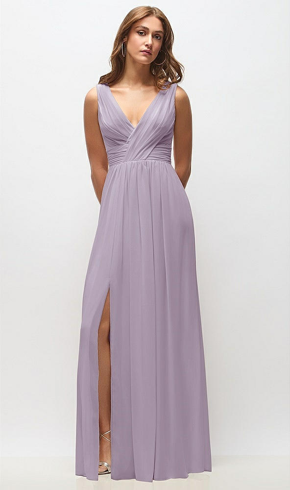 Front View - Lilac Haze Sleeveless Draped Chiffon Maxi Dress with Front Slit