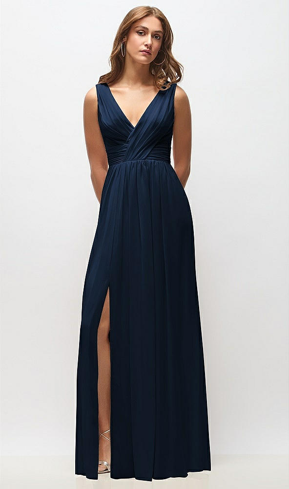 Front View - Midnight Navy Sleeveless Draped Chiffon Maxi Dress with Front Slit