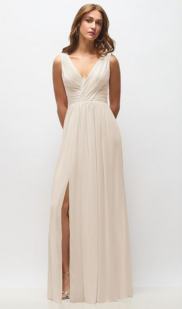 Front View - Oat Sleeveless Draped Chiffon Maxi Dress with Front Slit