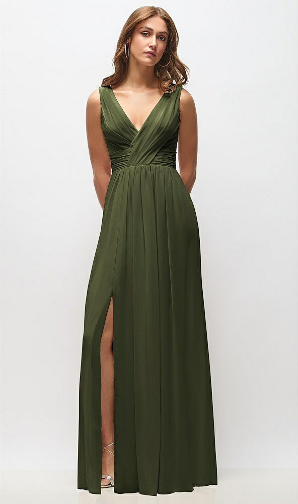 Front View - Olive Green Sleeveless Draped Chiffon Maxi Dress with Front Slit