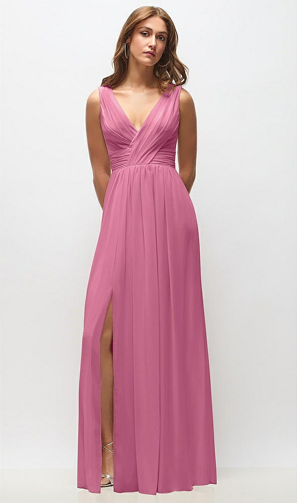 Front View - Orchid Pink Sleeveless Draped Chiffon Maxi Dress with Front Slit
