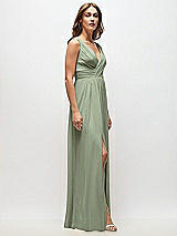 Side View Thumbnail - Sage Sleeveless Draped Chiffon Maxi Dress with Front Slit