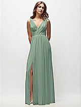 Front View Thumbnail - Seagrass Sleeveless Draped Chiffon Maxi Dress with Front Slit