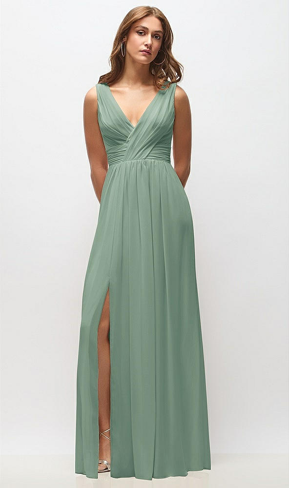 Front View - Seagrass Sleeveless Draped Chiffon Maxi Dress with Front Slit