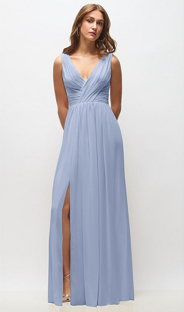 Front View - Sky Blue Sleeveless Draped Chiffon Maxi Dress with Front Slit