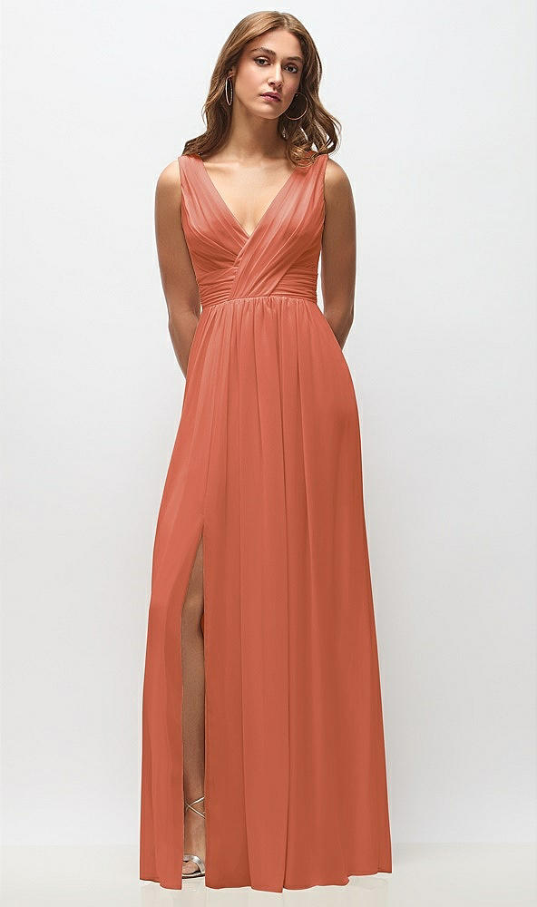Front View - Terracotta Copper Sleeveless Draped Chiffon Maxi Dress with Front Slit