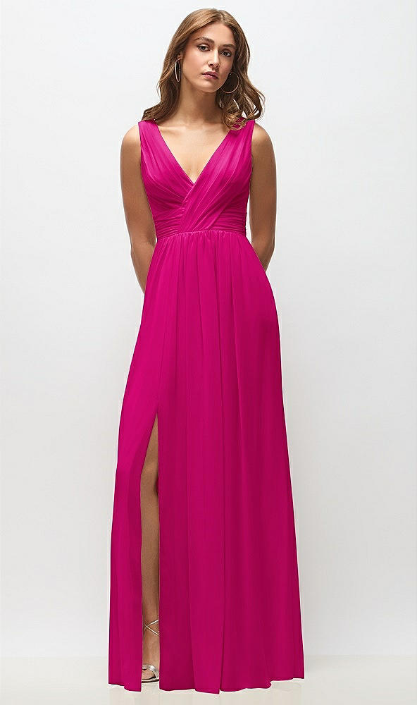 Front View - Think Pink Sleeveless Draped Chiffon Maxi Dress with Front Slit