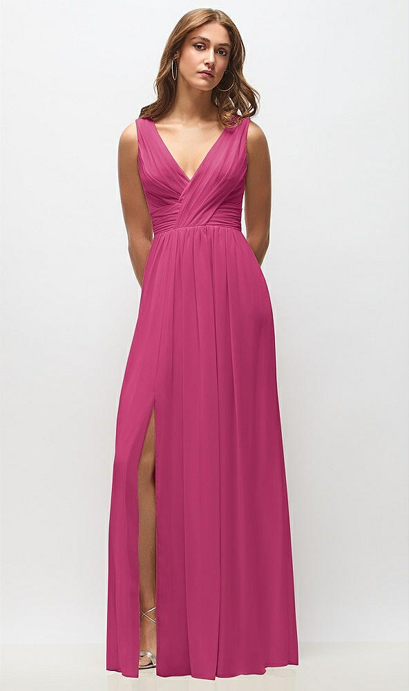 Front View - Tea Rose Sleeveless Draped Chiffon Maxi Dress with Front Slit