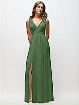 Front View Thumbnail - Vineyard Green Sleeveless Draped Chiffon Maxi Dress with Front Slit