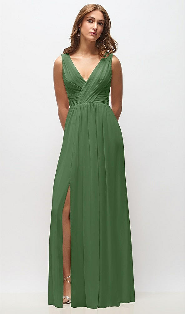 Front View - Vineyard Green Sleeveless Draped Chiffon Maxi Dress with Front Slit