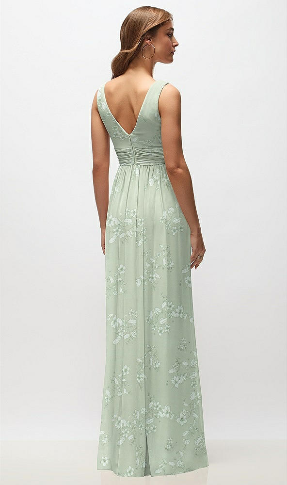 Back View - Vintage Primrose Sage Sleeveless Draped Chiffon Maxi Dress with Front Slit