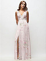 Front View Thumbnail - Watercolor Print Sleeveless Draped Chiffon Maxi Dress with Front Slit