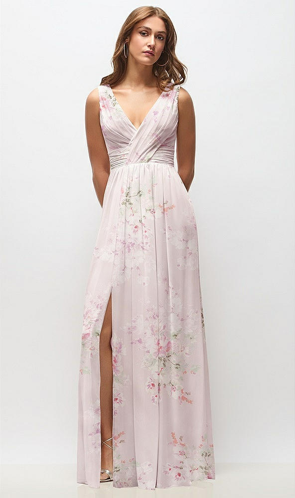 Front View - Watercolor Print Sleeveless Draped Chiffon Maxi Dress with Front Slit