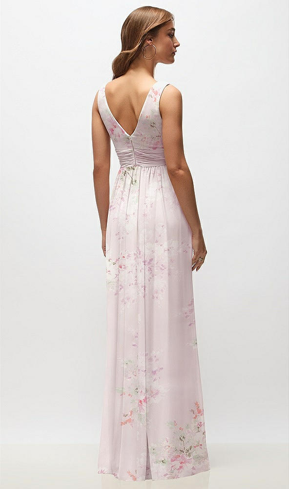 Back View - Watercolor Print Sleeveless Draped Chiffon Maxi Dress with Front Slit