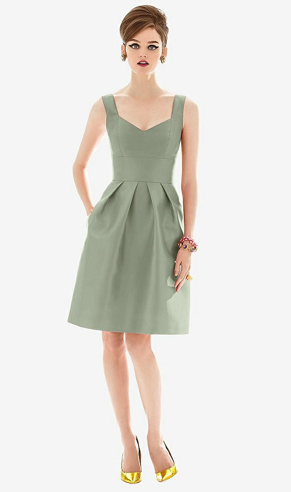 Front View - Sage Cocktail Sleeveless Satin Twill Dress