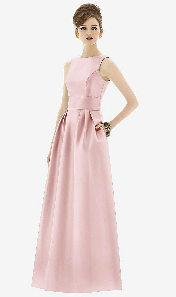 Front View - Ballet Pink Alfred Sung Open Back Satin Twill Gown D661