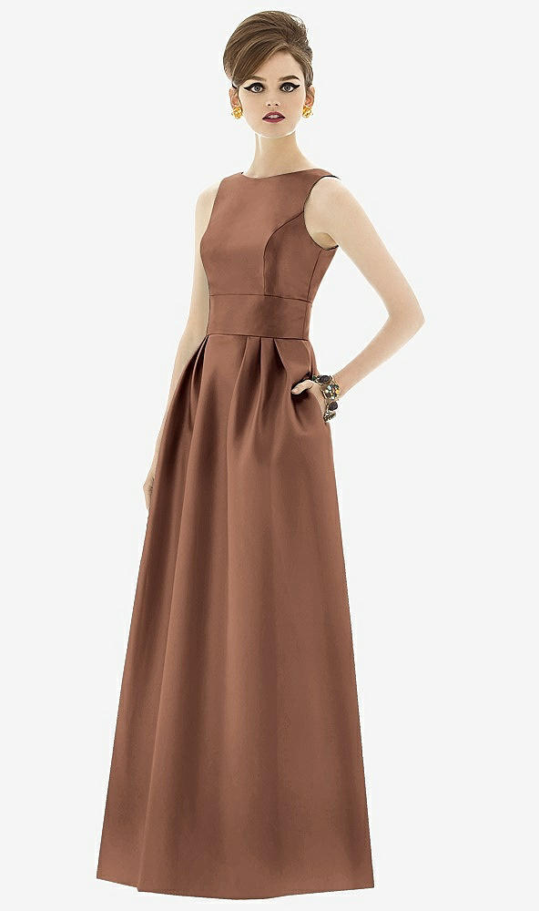 Front View - Cognac Alfred Sung Open Back Satin Twill Gown D661
