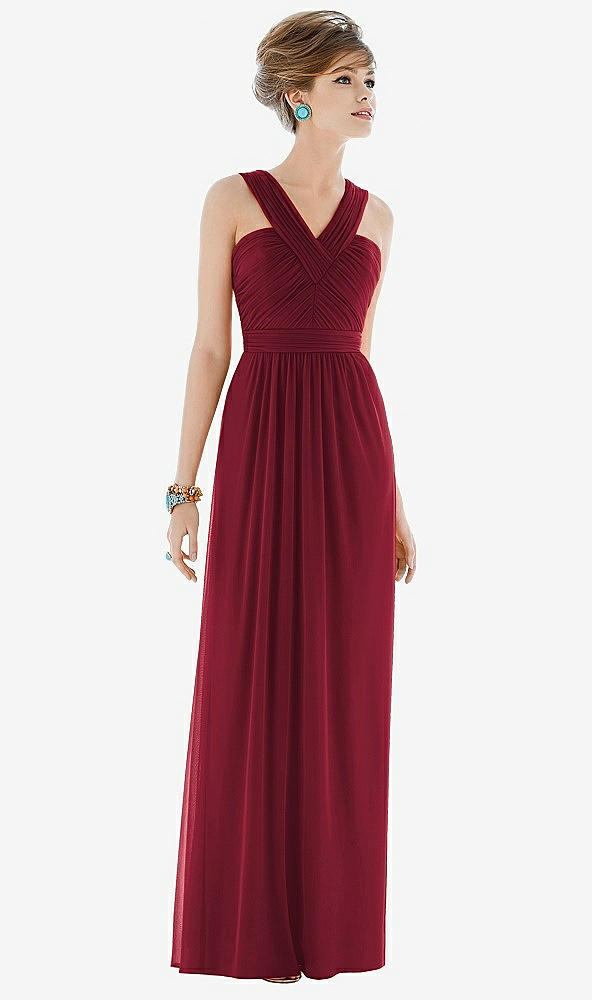 Front View - Burgundy Maxi Chiffon Sleeveless Halter Dress