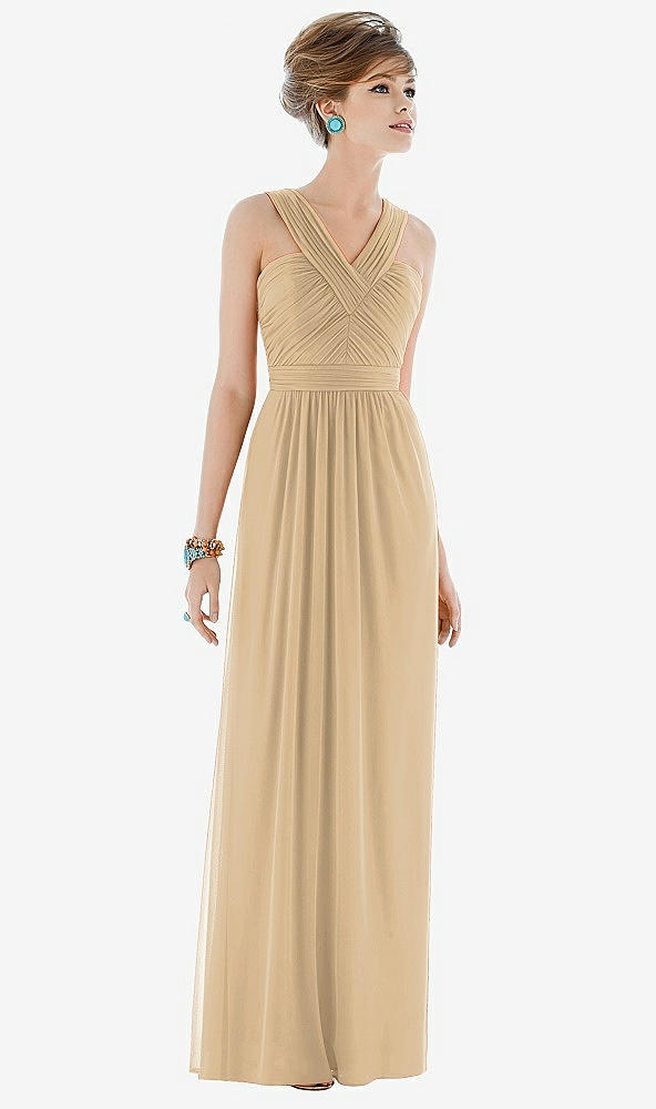 Front View - Golden Maxi Chiffon Sleeveless Halter Dress