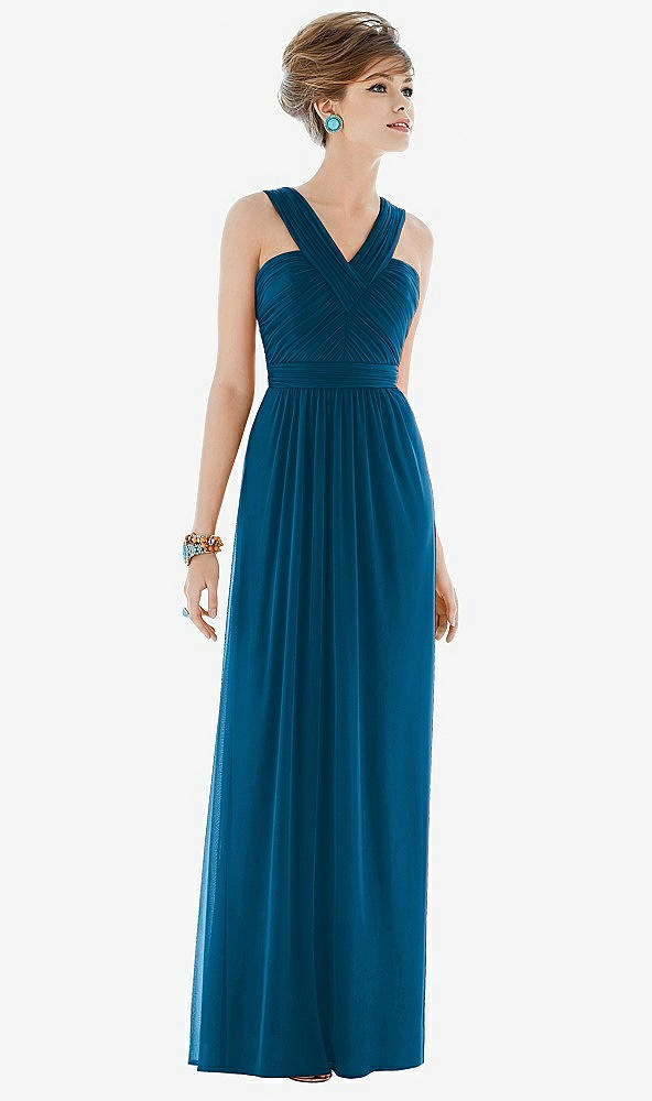 Front View - Ocean Blue Maxi Chiffon Sleeveless Halter Dress