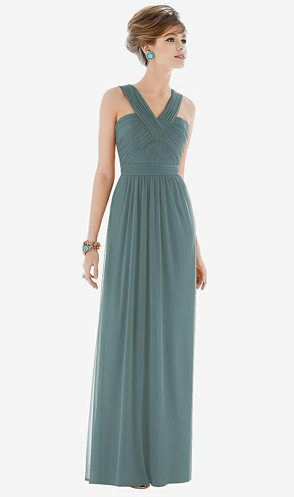 Front View - Smoke Blue Maxi Chiffon Sleeveless Halter Dress