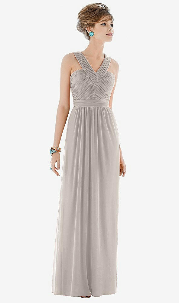 Front View - Taupe Maxi Chiffon Sleeveless Halter Dress
