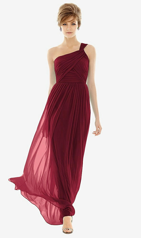 Front View - Burgundy One Shoulder Assymetrical Draped Bodice Dress