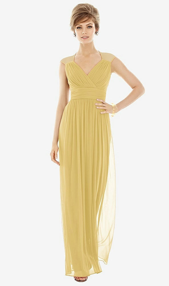 Front View - Maize Chiffon Knit Cap Sleeve VNeck Maxi Dress