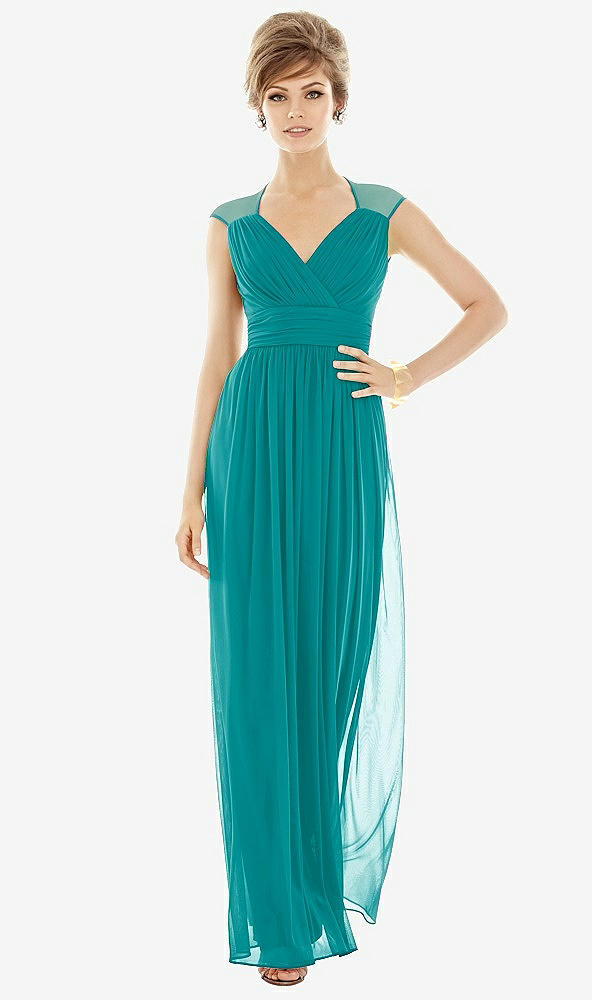 Front View - Mediterranean Chiffon Knit Cap Sleeve VNeck Maxi Dress