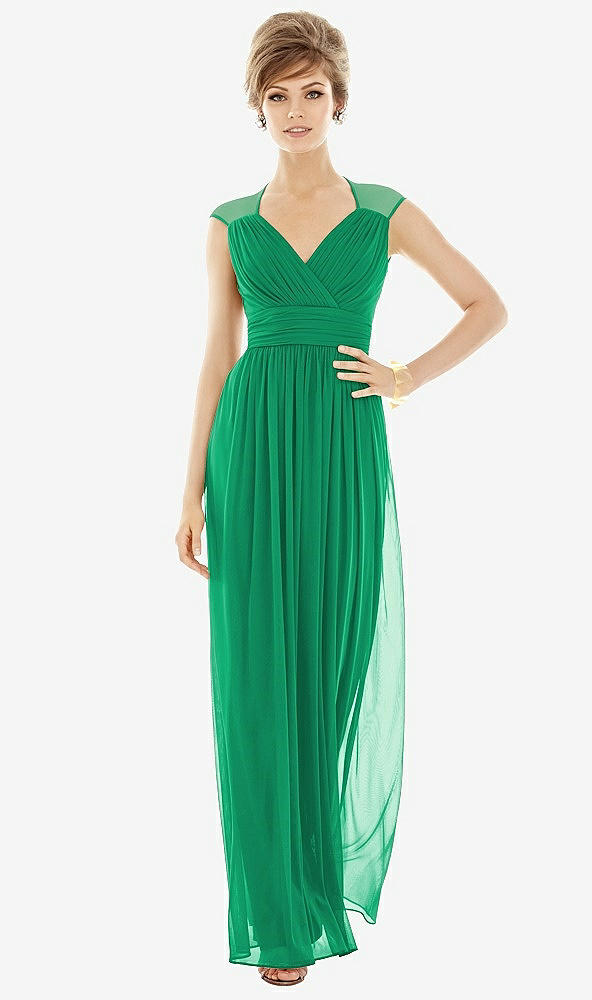 Front View - Pantone Emerald Chiffon Knit Cap Sleeve VNeck Maxi Dress