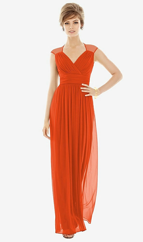 Front View - Tangerine Tango Chiffon Knit Cap Sleeve VNeck Maxi Dress