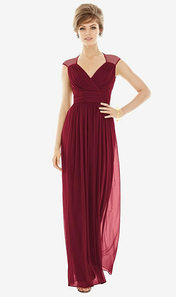 Front View - Burgundy Chiffon Knit Cap Sleeve VNeck Maxi Dress