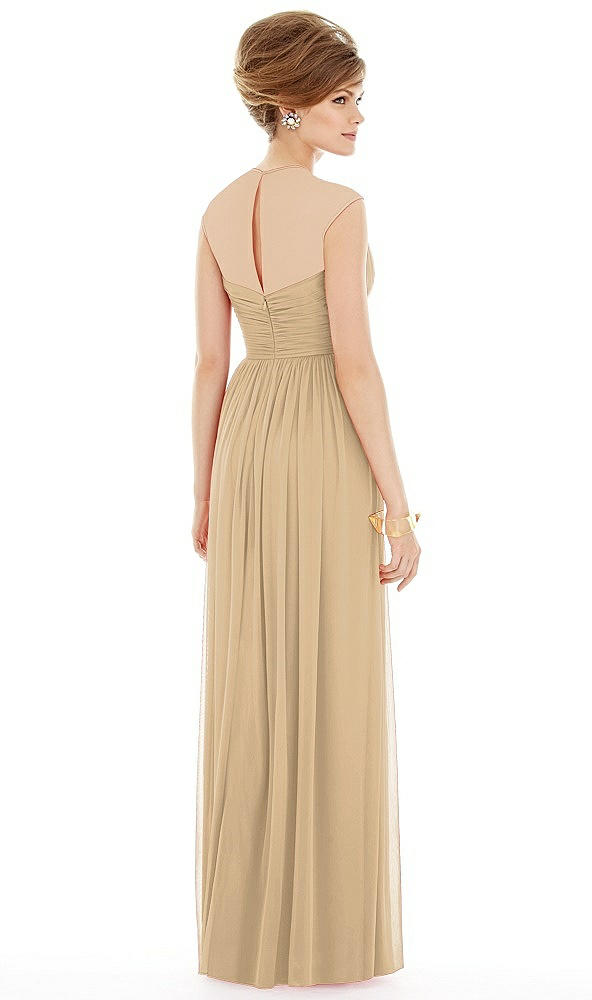 Back View - Golden Chiffon Knit Cap Sleeve VNeck Maxi Dress